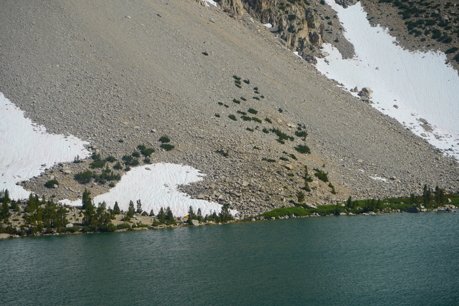 A tent on the shore of Second Lake in the John Muir Wilderness, Inyo National Forest 